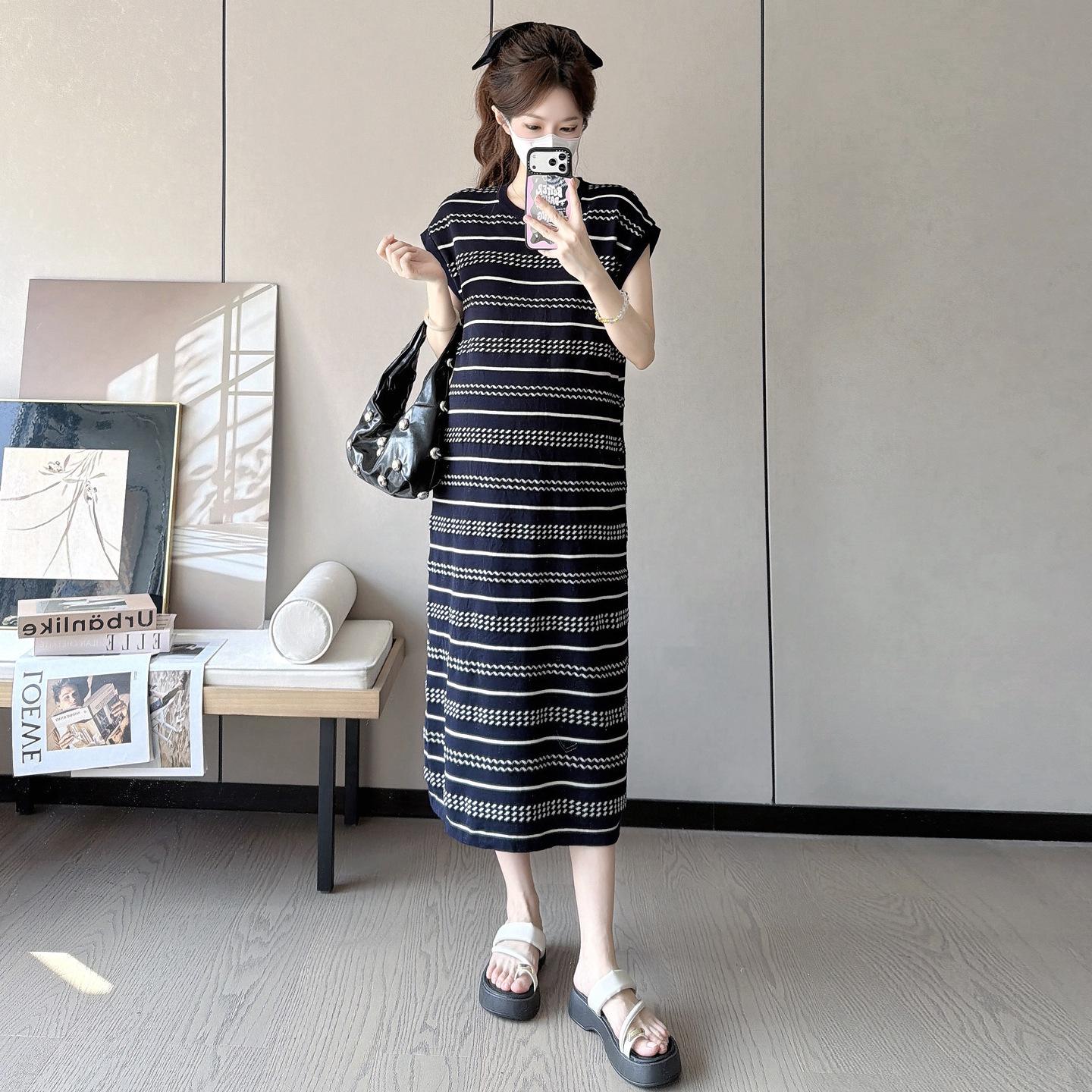 Maternity Summer Polo Collar Striped Dress, Slim Fit, Ice Silk, Short Sleeve, 2026 Collection Large