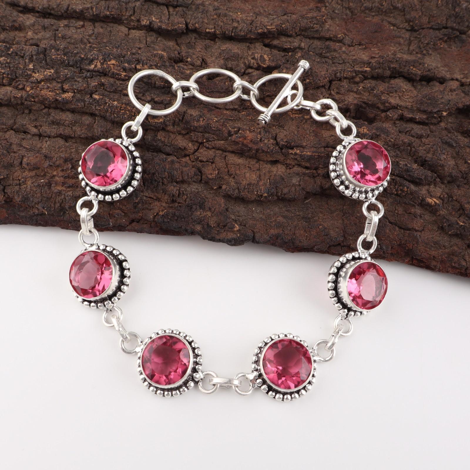 

Pink Tourmaline Gemstone 925 Sterling Silver Jewelry Handcrafted Bracelet 7-9 RB-17-11