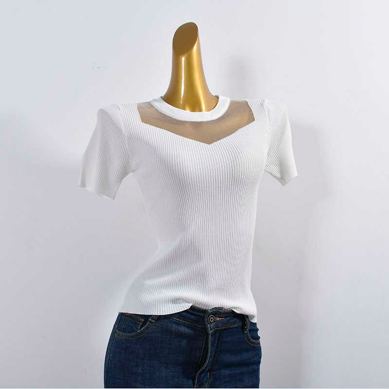 Ice Silk Knitting Lace Woven Stretch Comfortable Round Neck Short Sleeve Easiest for Match Short Sleeve Summer Women's Clothing Silm