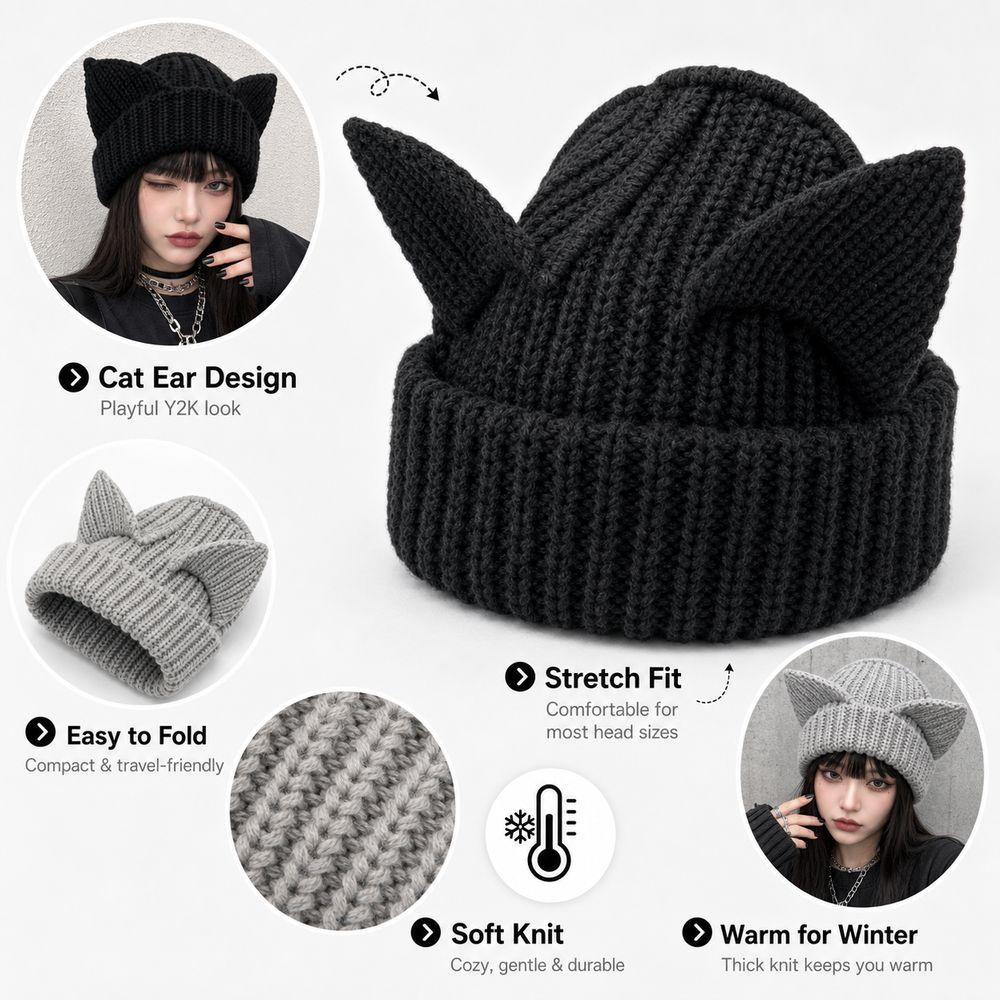 Stretchable Knit Cat Ear Beanie Yarn Striped Beanie Gifts Knitted Beanie Hat  Women and Men