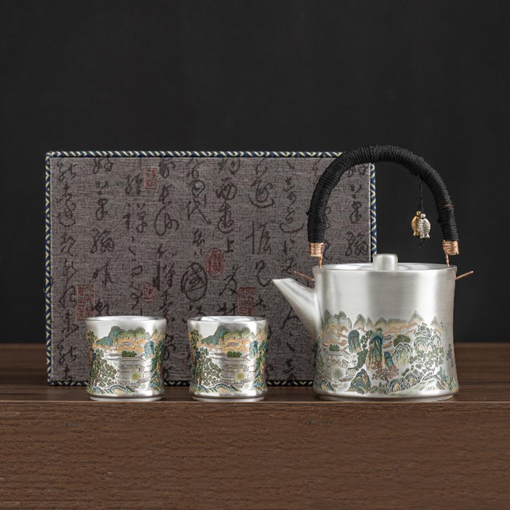 

Серебристый глазурованный керамический чайный набор, Чайник с чайным фильтром, Комбинация чайных чашек, Китайский чайный набор для Кунг-фу, Высококлассная подарочная упаковка Three-piece Set светло-серый