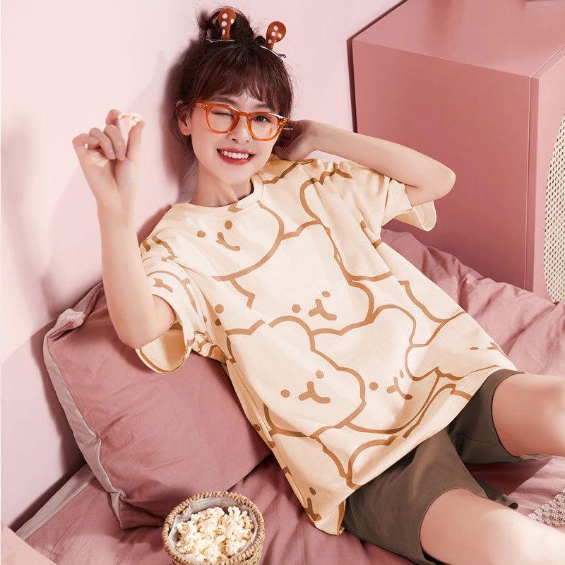 Women's Cute Summer Pajama Set - Short-Sleeved Top & Shorts, Casual Cartoon Loungewear for Indoors and Out.