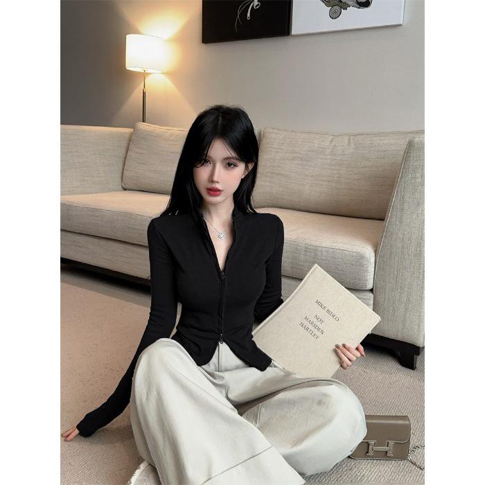 Women s Slim Fit Ribbed Knit Cardigan with Double Zipper and Stand-up Collar - Spring/Autumn 2026 Collection L чёрный