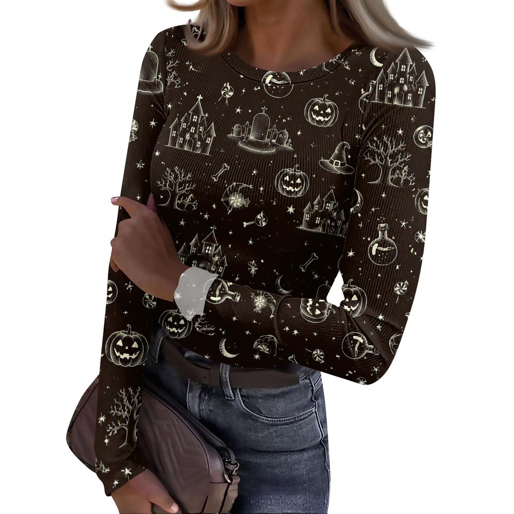 Women Halloween Print Long Sleeve Slim Fit Crew Neck Base Layer T Shirt Casual Stretchy Top for Everyday Wear