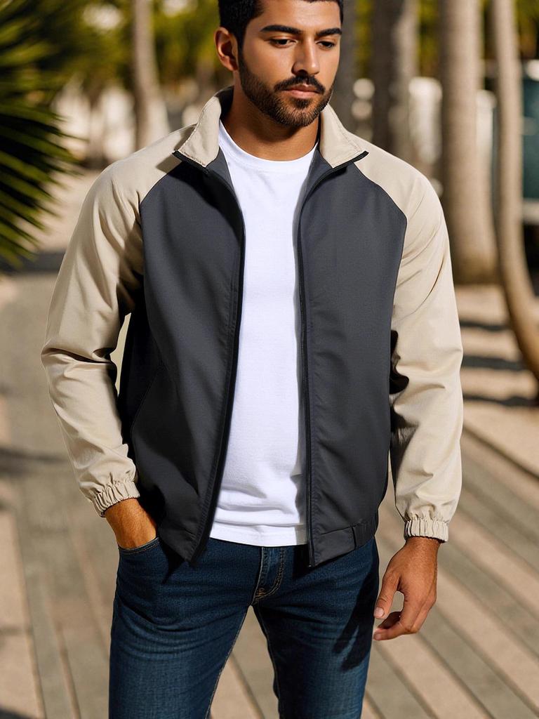 European and American Men's Stand-up Collar Jacket: Autumn/Winter Color Block Casual Coat