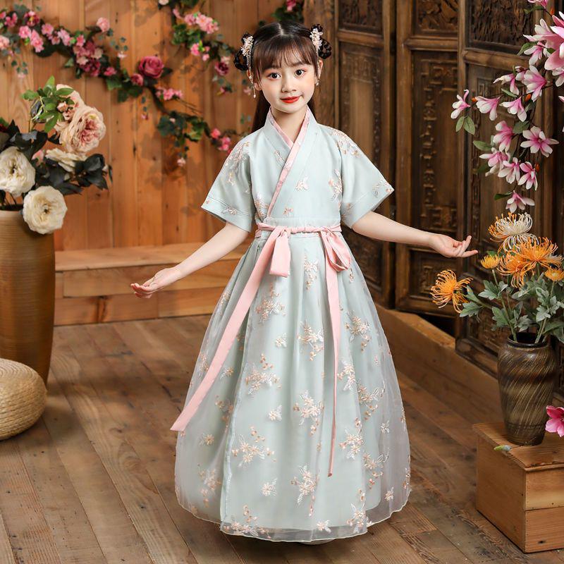 Letnia Sukienka Hanfu w Chińskim Stylu dla Dziewcząt - Elegancka Księżniczka Wróżka z Haftem i Szerokimi Rękawami