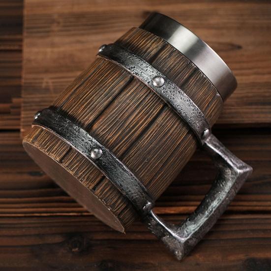 Wood Barrel Beer Mug, 600ml Stainless Steel Liner Stein, Rustic Tankard for Pub Home Bar Pub Party Gift