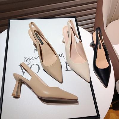 Baotou Comfortable Sandals Summer One Word Buckle Thick Heels High Heels All -Match Soft Leather High -Heeled Shoes