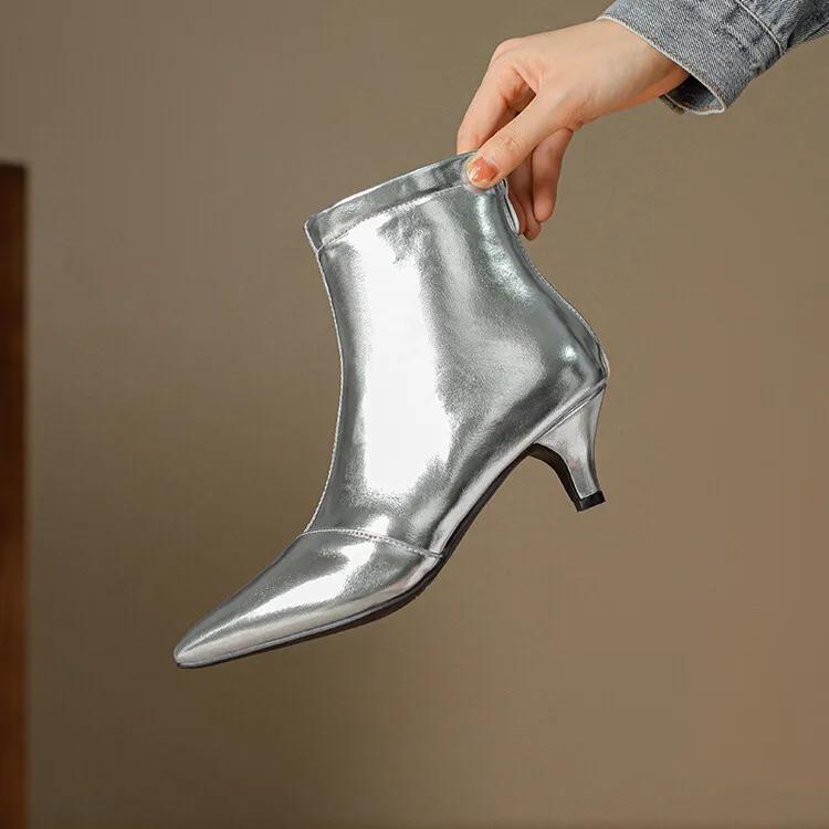 Fashion Gold Silver Zipper Pointed Women Short Boots Fashion New European American Winter Warm 5.5cm High Heels Ankle Boots Size 32-48
