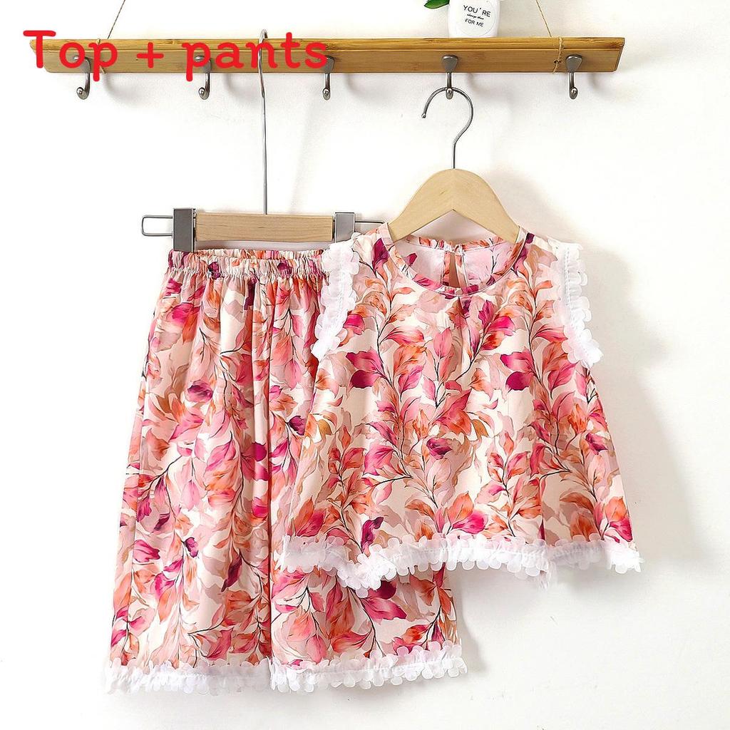 Summer Girl Sleepwear Set With Lace Trim Short Pants Cotton Silk For Kids