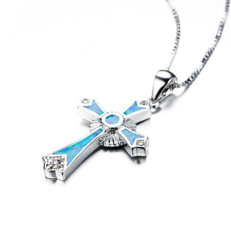 Accessories Jewelry European and American Fashion Blue Opal White Diamond Cross Pendant Necklace