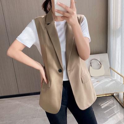 Yousheng Women Business Vest Turn-down Collar Single Button Closure Sleeveless Mid Length Formal Office Attire Solid Color Cardigan Waistcoat