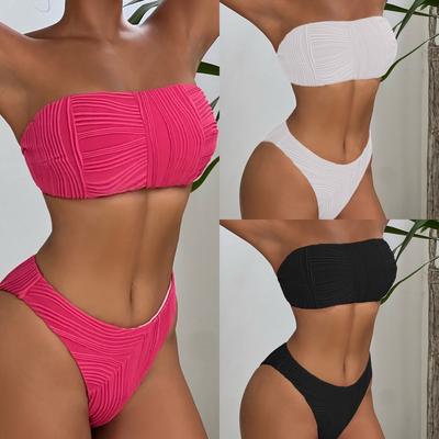 Damen-Bademode, einfarbig, gestreift, Bandeau-Bikini mit hoher Taille, Strandmode, Badeanzüge