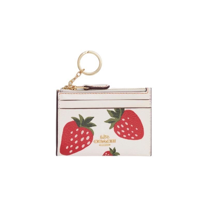 

COACH Skinny Id Case 11 Fashionable Gold Logo Logo Strawberry Print Coated Canvas and Leather Wallet Card Holder Women s White and Red золотий