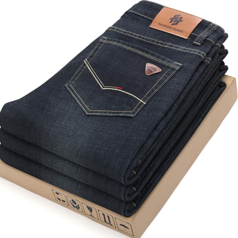 Autumn and winter new jeans fleece thickened loose straight business high-end elastic casual pants