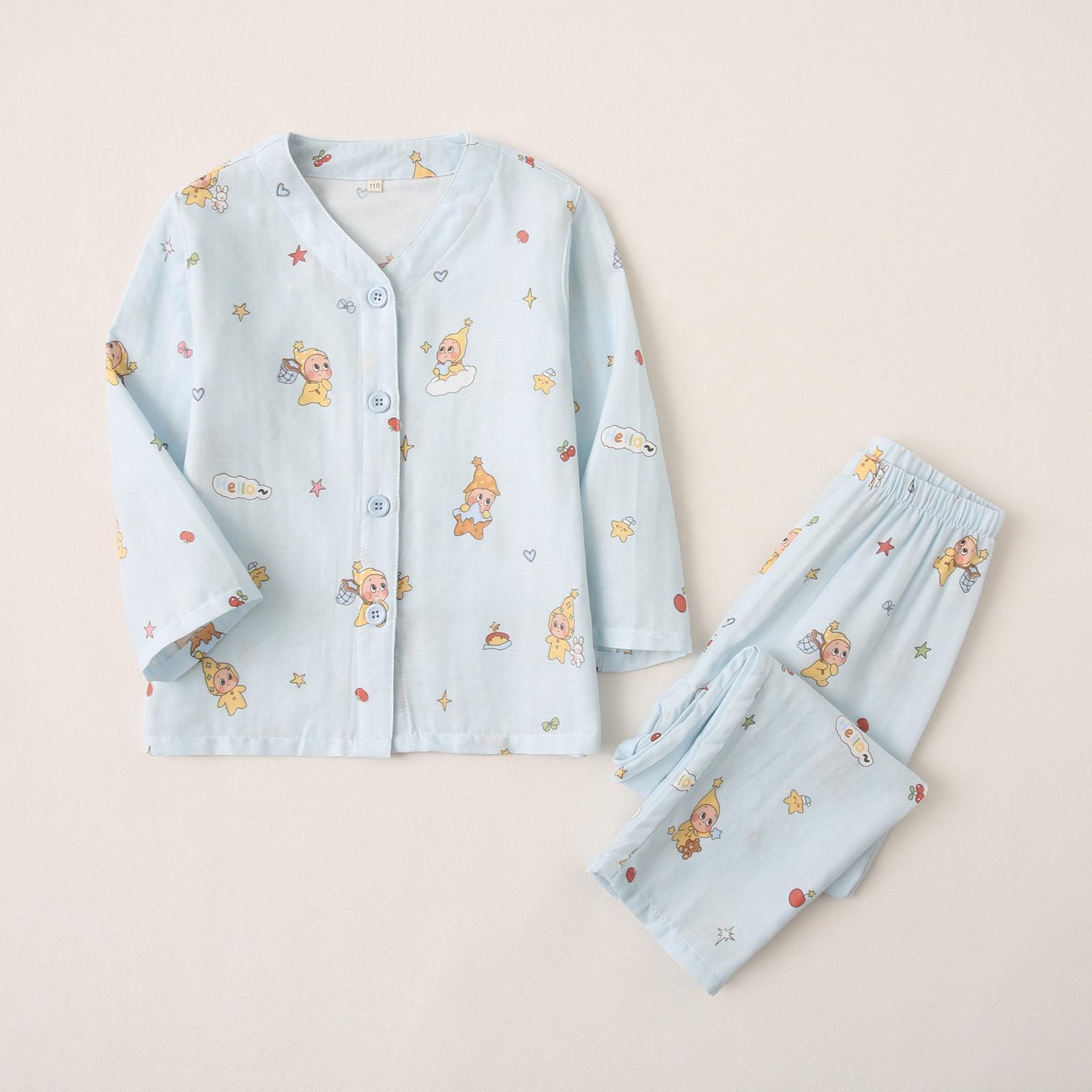 

2026 V-Neck Double Layer Gauze Boys Pajama Set - Spring & Autumn Style, Cotton, All-Season Wear 100cm