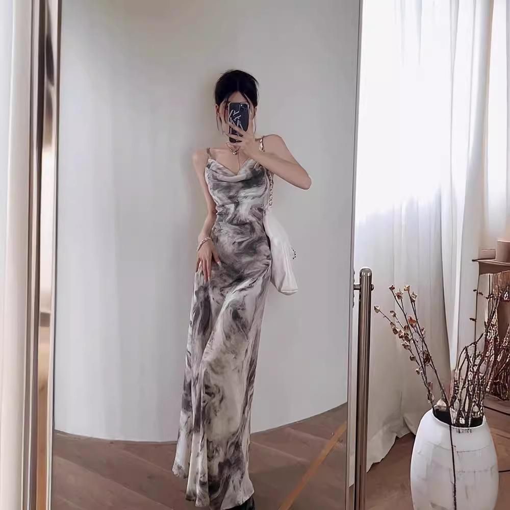 New Chinese ink painting suspender dress women's summer French slim-fitting off-the-shoulder temperament skirt hip-wrapped fishtail dress