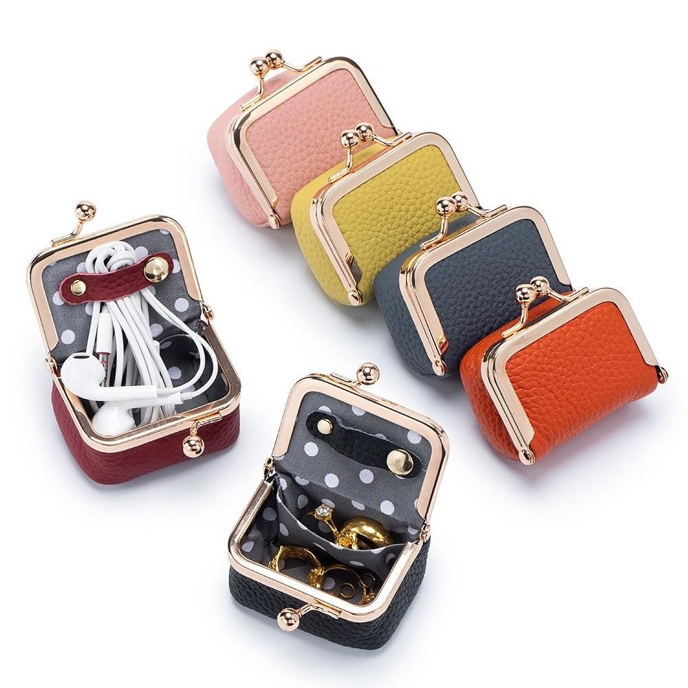Solid Color Kiss Lock Coin Purse Genuine Leather Small Item Bag Leather Jewelry Bag  Earrings