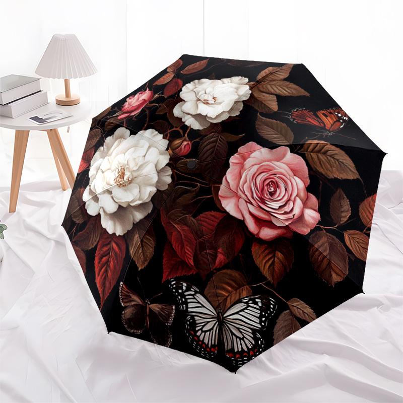1 PC Automatic Folding Umbrella - Roses and Butterflies Pattern, Portable & Foldable Design with 8 Ribs, Christmas Birthday Gifts