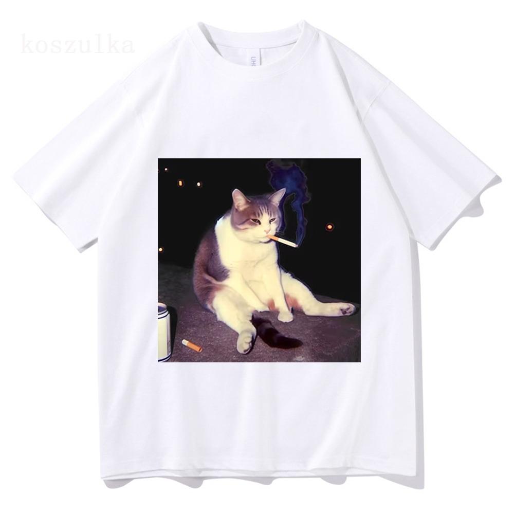 Vintage Cigarette Kitten Funny Smoking Cat Meme Stupid Brainrot Graphic T-Shirt Men Women Fashion T-shirts Cotton T Shirt