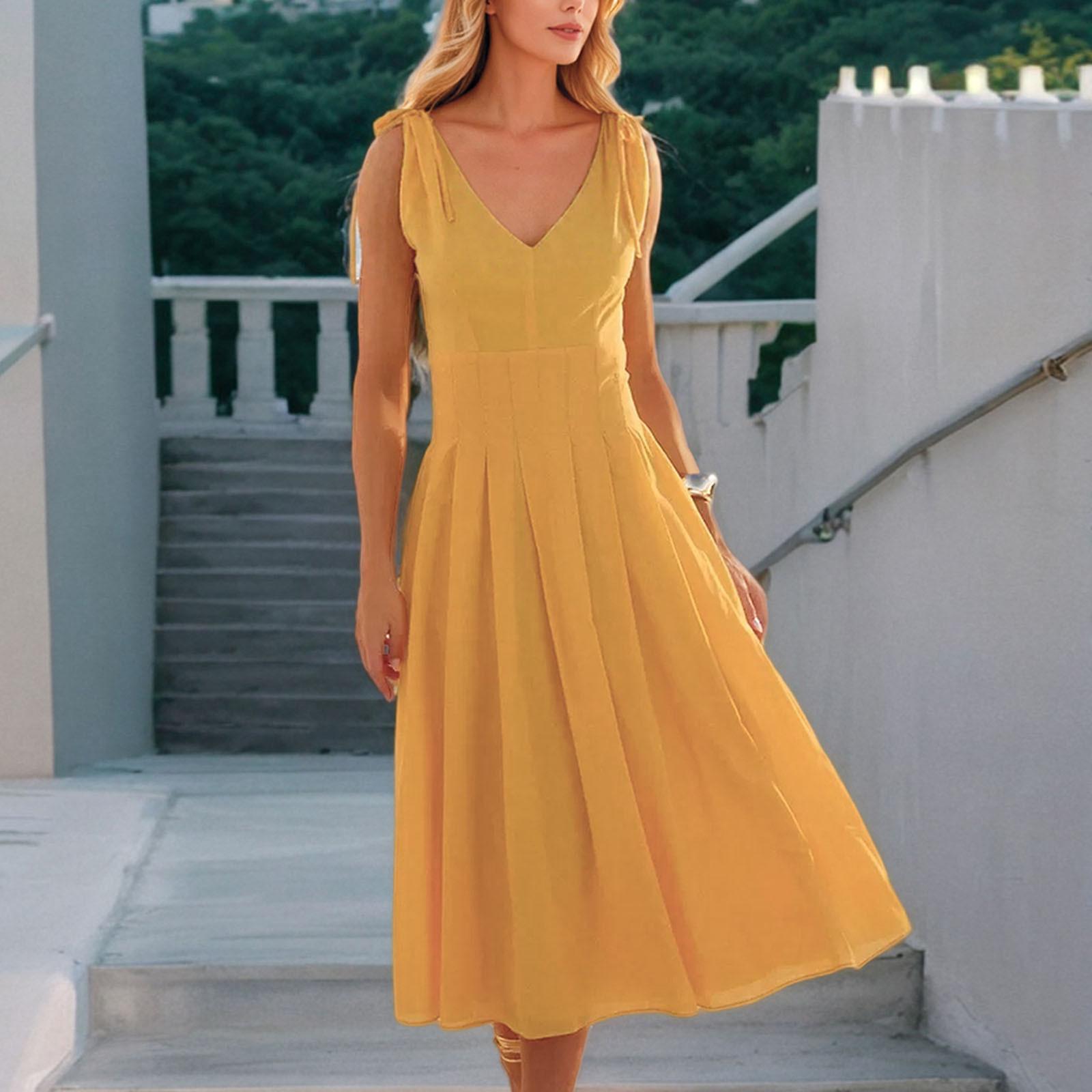 

Женская мода элегантный темперамент V-образный вырез галстук А-силуэт однотонные платья XL жёлтый