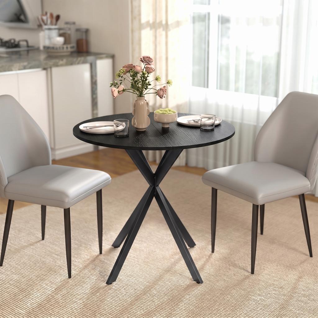Round Dining Table for 2 People with Wood-Look Top and Crossed Steel Base, Black