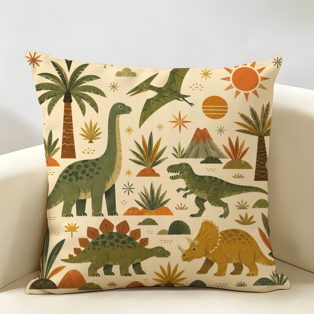 Dinosaur Retro Dino Cushion Cover Natural Linen Organic Fabric Double-Sided Printing Breathable Perfect For Home Decor
