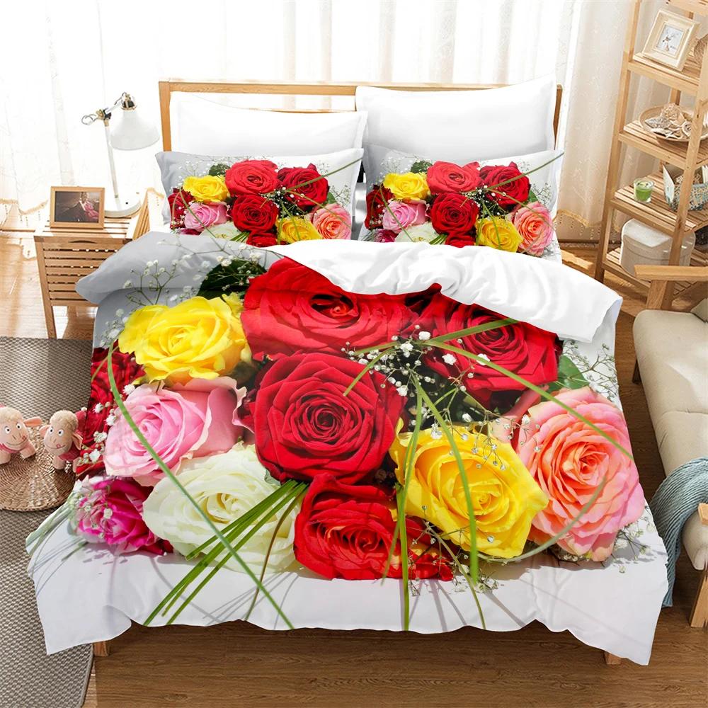 Comforter Rose Flower Bedding Set 4Pcs Pink Red 200X230 For Double Bed 3D Bedsheet 230X230 Full Size Thin Fabric