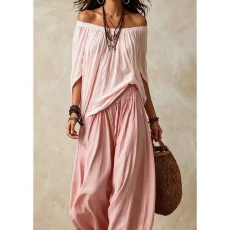 Damen Schulterfrei Weitärmel Bluse und High Waist Hose Set Lässiges Bohème Sommer Outfit 2XL rosa