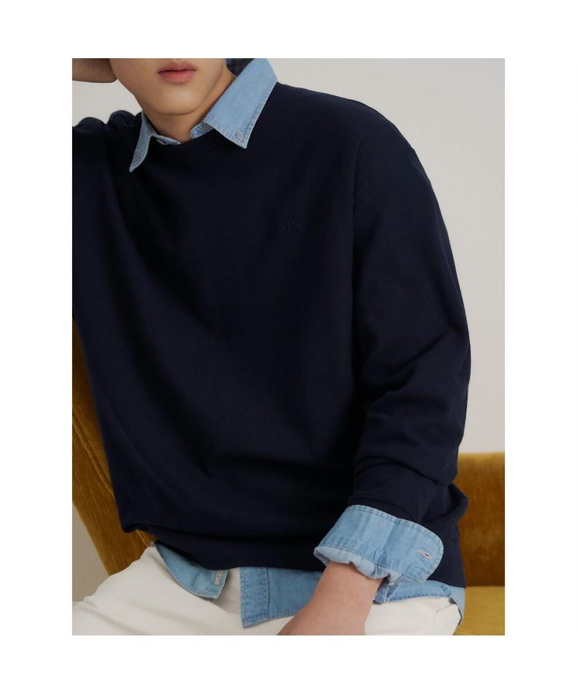 Binpolmen Textured Round Neck Long Sleeve T-Shirt Navy