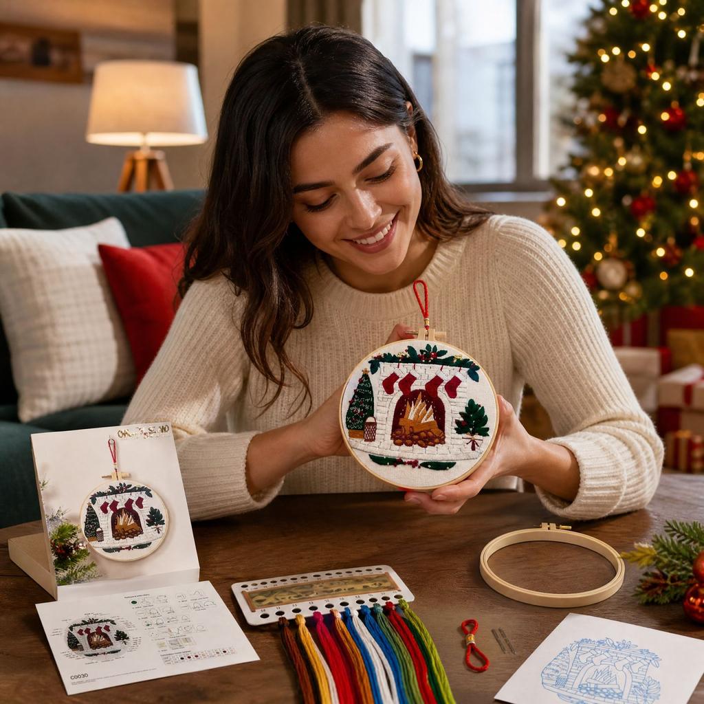 Christmas Holiday Cross for Living Room Decor, Embroidery Decoration