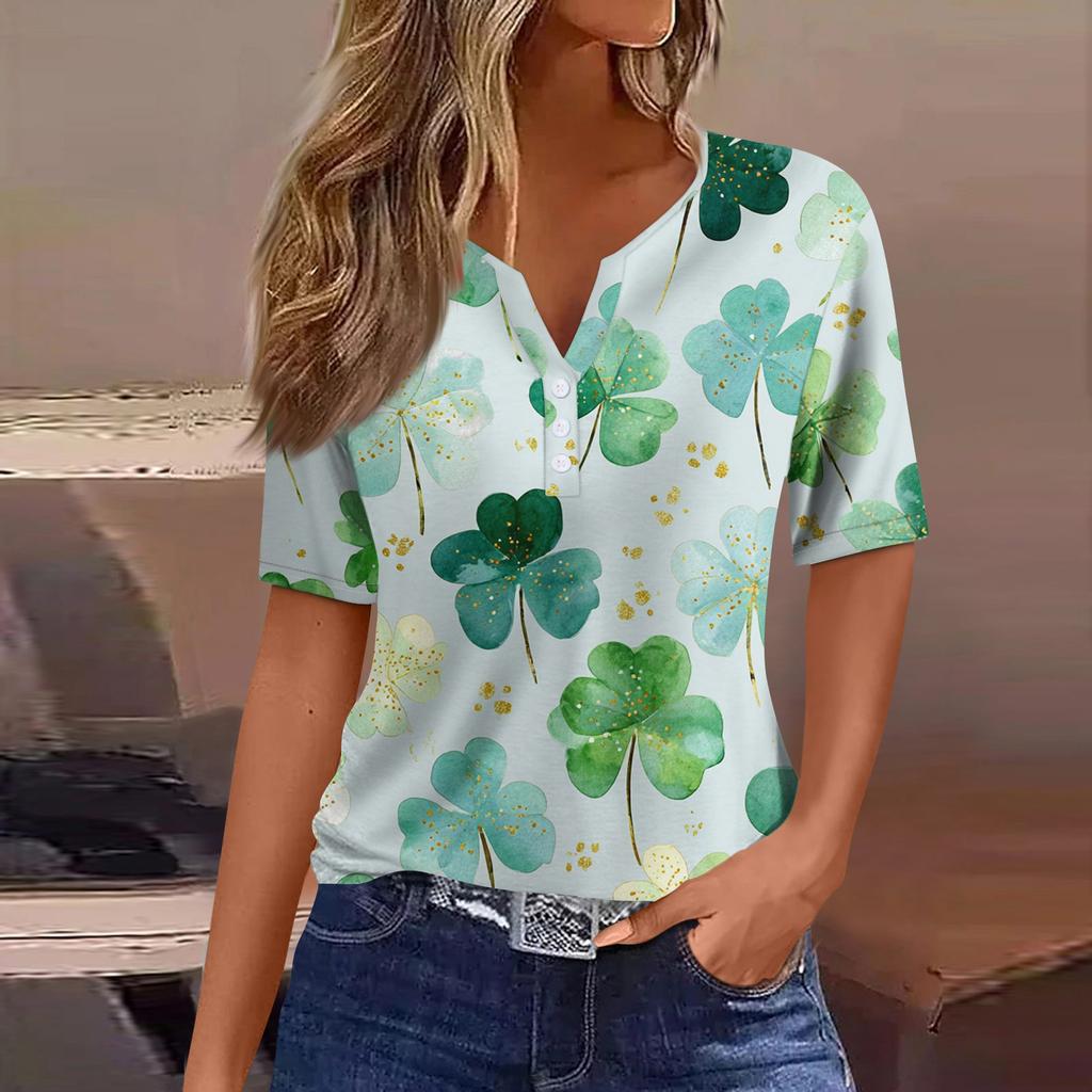 Women's T Shirt Tee Print Button Short Sleeve Daily Weekend Fashion Basic V- Neck Regular Top  St. Patrick's Day