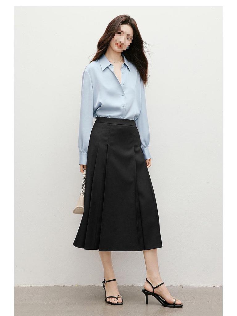 Hongxiu 2025 Glossy Lapel Drape Acetate Top - Spring/Autumn Women's Fashion Shirt