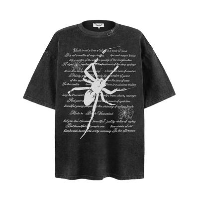 Dark Style High Street Spider Print Short Sleeved T-shirt for Men's Summer Trend, Washed and Worn-out Pure Cotton Base T-shirt