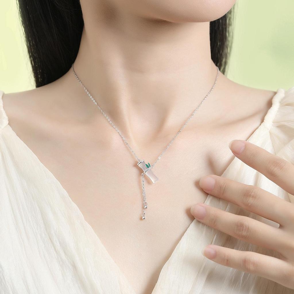 Ferris Wheel S925 Sterling Silver Chalcedony Evergreen Bamboo Necklace - Women's Versatile High-End New Chinese Style Jewelry