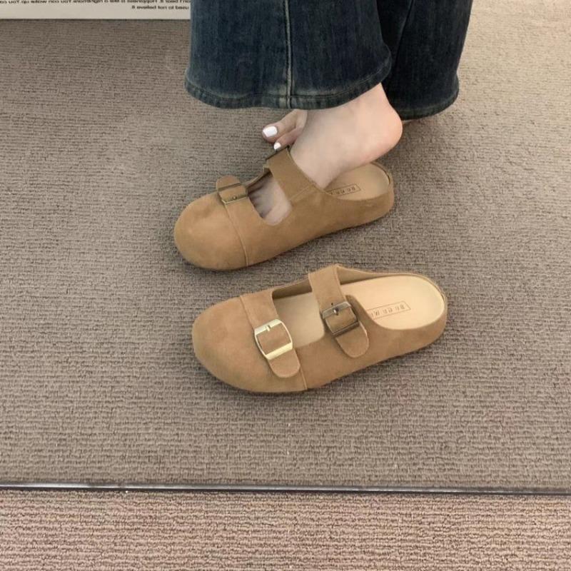 Fashion Baotou Slippers Spring New Round Head Beef Suede Shallow Mouth Metal Buckle Set Foot Soft Sole Non-slip Flat Shoes