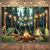 Camping Forest Night Light Tent Bonfire Country Background Cloth Party Banner