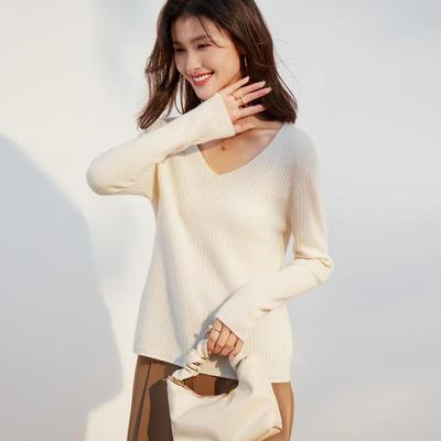 Jinjv Women's 100% Cashmere Seamless V-Neck Sweater