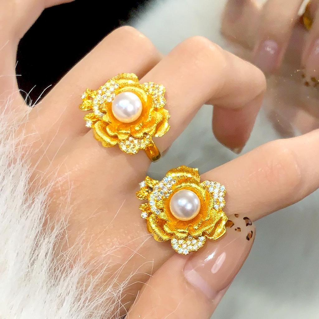Rose Flower Ring: Gold-tone, Faux Pearl, Diamond Accent, Adjustable Index Finger Jewellery
