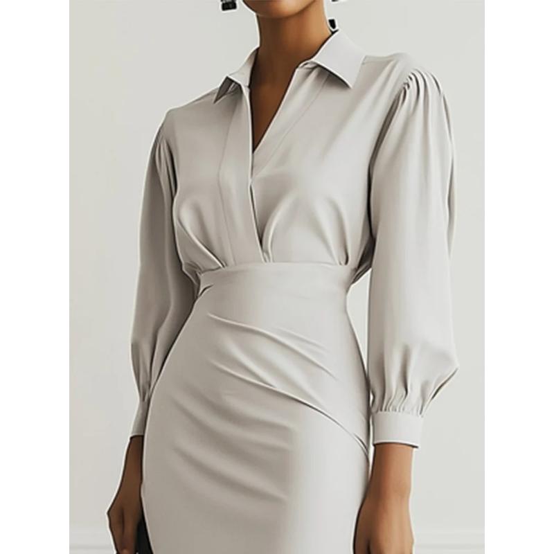 Women's V-Neck Ruffle Dress, Belted Waist Solid Color Midi Dress with Elegant Pleats, Office Casual Slim Fit Long Dress for Versatile Styling