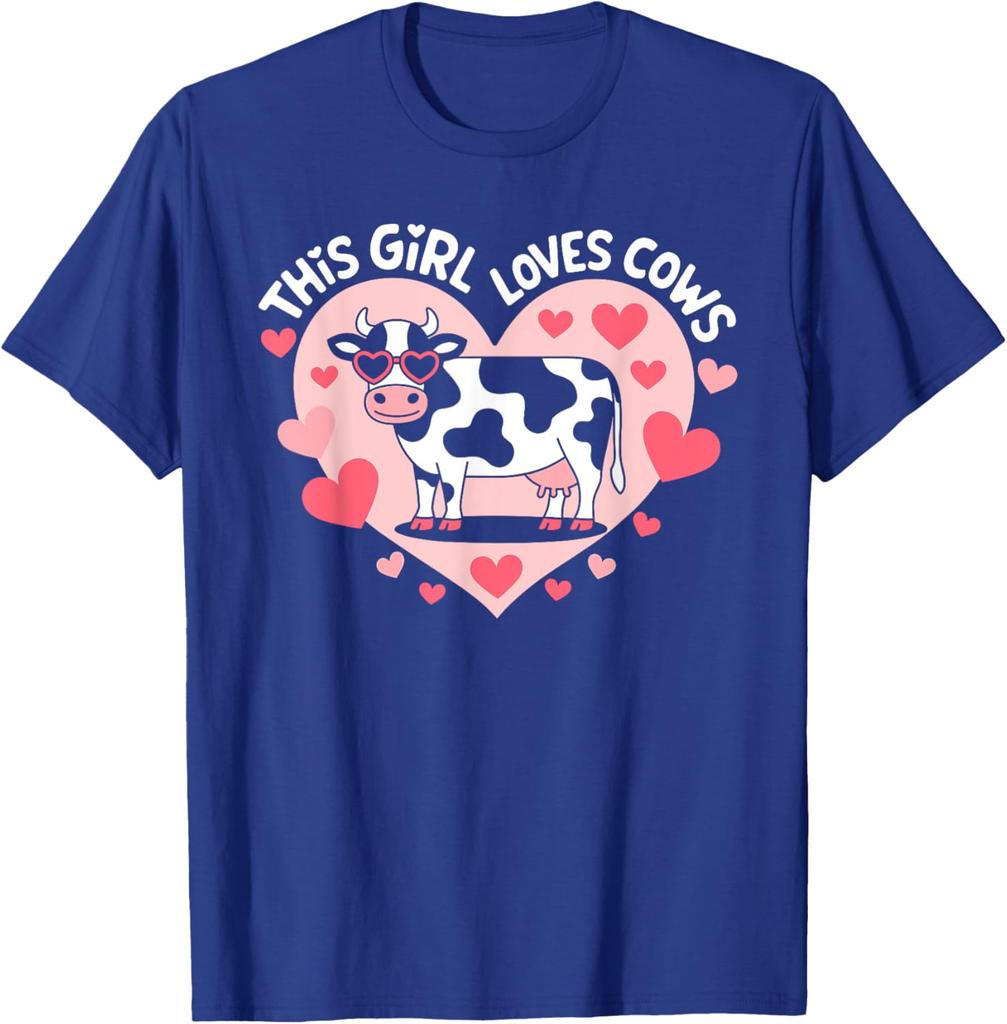 Cute Cartoon Cow Heart Graphic Tee This Girl Loves Cows Farm Animal T-Shirt Unisex Print Machine Washable