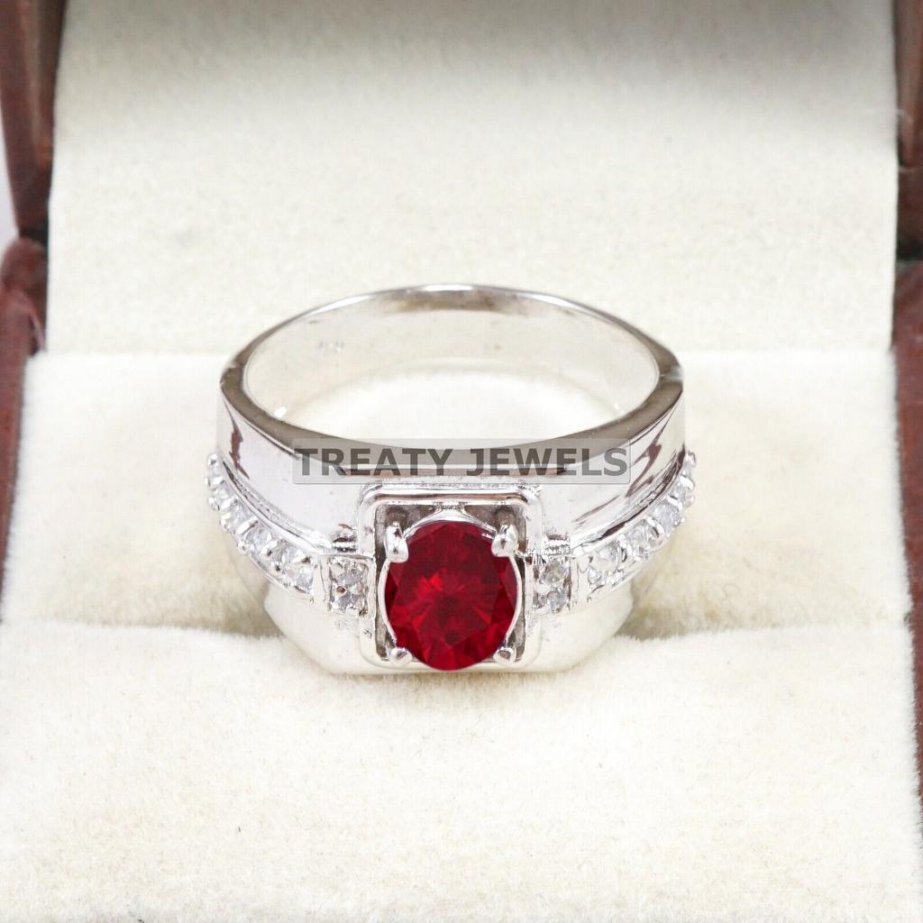 Ruby Oval Cut Gemstone With 925 Sterling Silver Ring For Men's #B543 JL375686402645