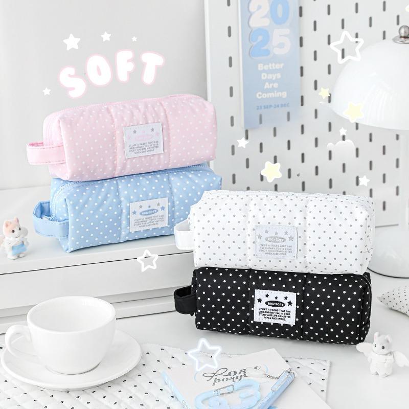 RosyPosy soft furnishings, Korean polka dot good material pencil bag, cotton-filled large-capacity student pencil bag, girls stationery bag