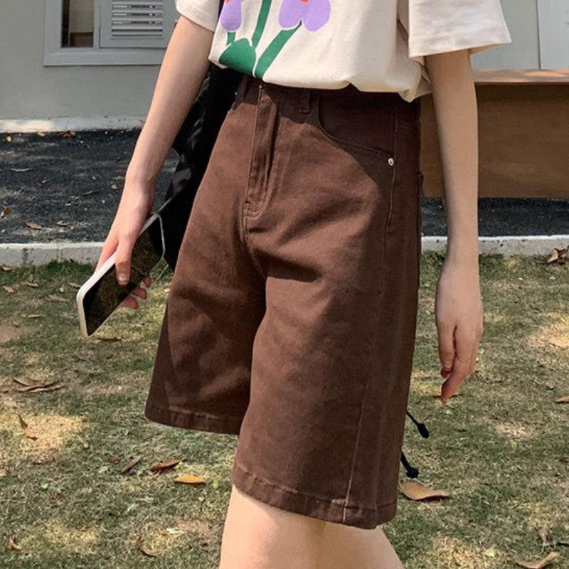 Brown Denim Shorts Women's Summer Thin Style American Retro Niche High Waist Slimming Straight Leg Wide Leg Five Quarter Pants