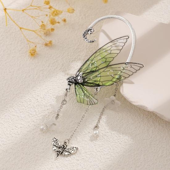 1 pièce de manchette d'oreille pour femme en forme de papillon, pompon à paillettes, fleur, lune, décoration d'oreille suspendue, style fée de la forêt, antidérapant, électroplaqué, pour cosplay, fête