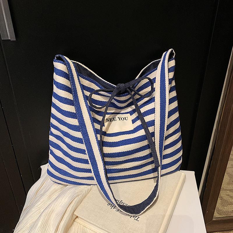 

Вместительная полосатая парусиновая сумка женская новая модная сумка-тоут в ленивом стиле, на плечо, сумка-мессенджер синий