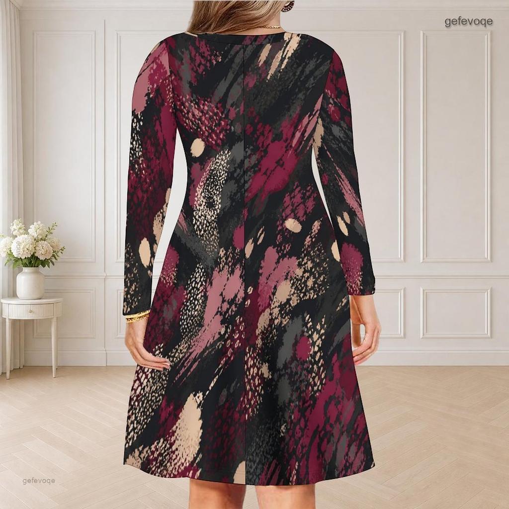 Women Plus Size V Neck Long Sleeve Printed Curved Hem Casual Dress