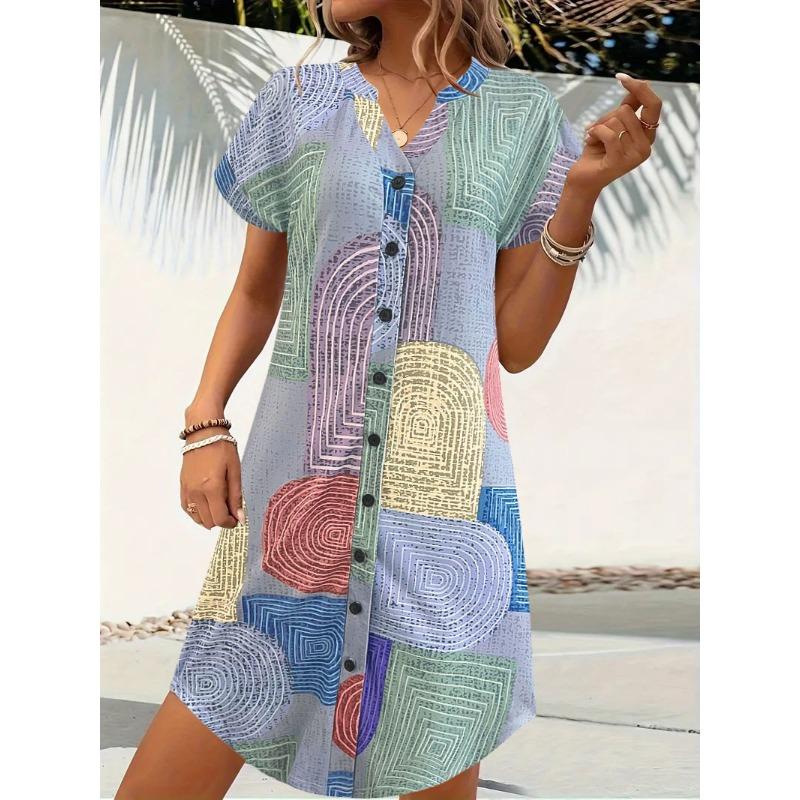 

JKASHDK Женская мода лето весна цвет блок принт короткий рукав V-образный вырез свободная талия повседневные платья XXL синий