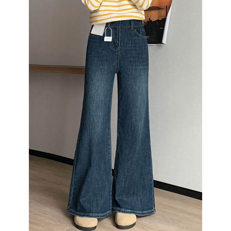 Dark Blue Flared Jeans for Women, New Summer Style for Plus-Size Girls, High-Waisted, Slimming, Pear-Shaped Body, Straight-Leg Flared Pants
