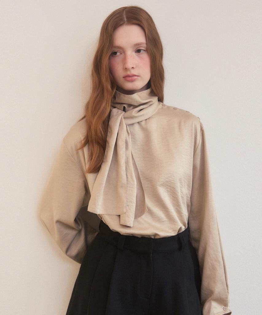 ADAUL Satin Side Button Scarf Neck Blouse - Beige